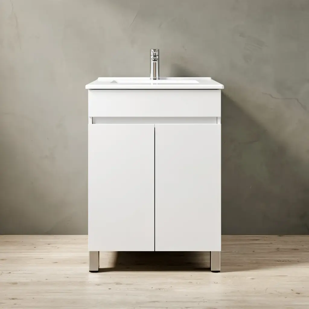 [91002/M63L] 600mm Narrow Gloss White MDF 2 Doors Freestanding Bathroom Vanity Cabinet Only