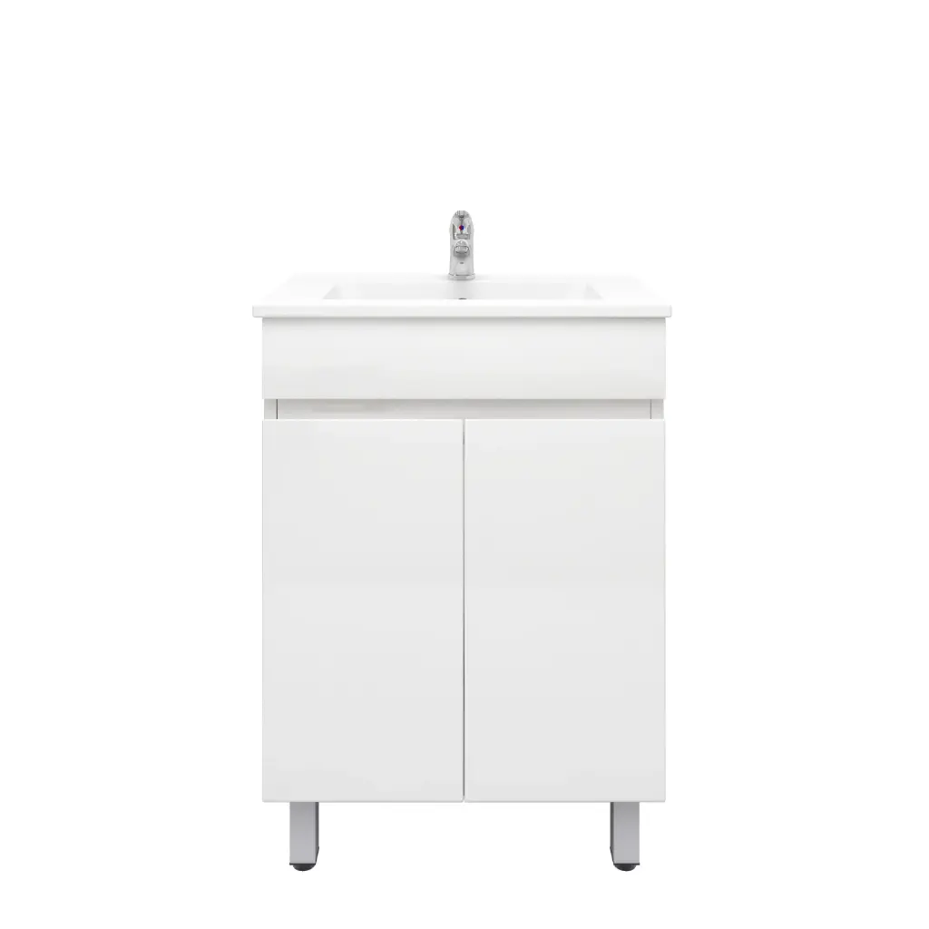 [92002/PVC63L] 600mm Slim Freestanding Bathroom Vanity Cabinet Only with Legs PVC 2 Door Gloss White