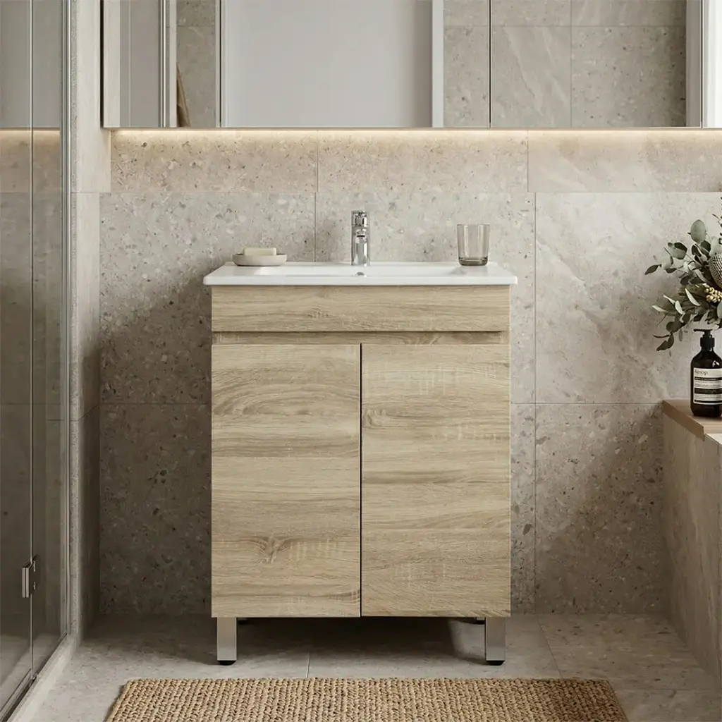 [93101/B64L-WO] 600mm White Oak MDF Freestanding Bathroom Vanity Cabinet Only 2 Doors