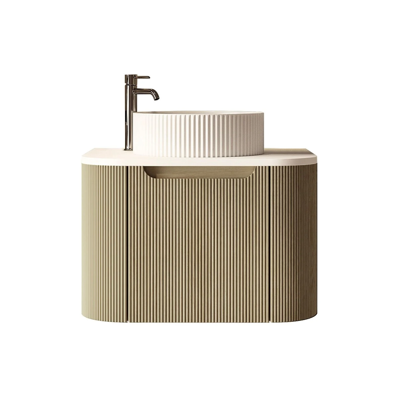 [50777] 600x460x400mm Rome Bur Oak Round Edge Grooved Wall Hung MDF Vanity With White Quartz Stone Top One Door