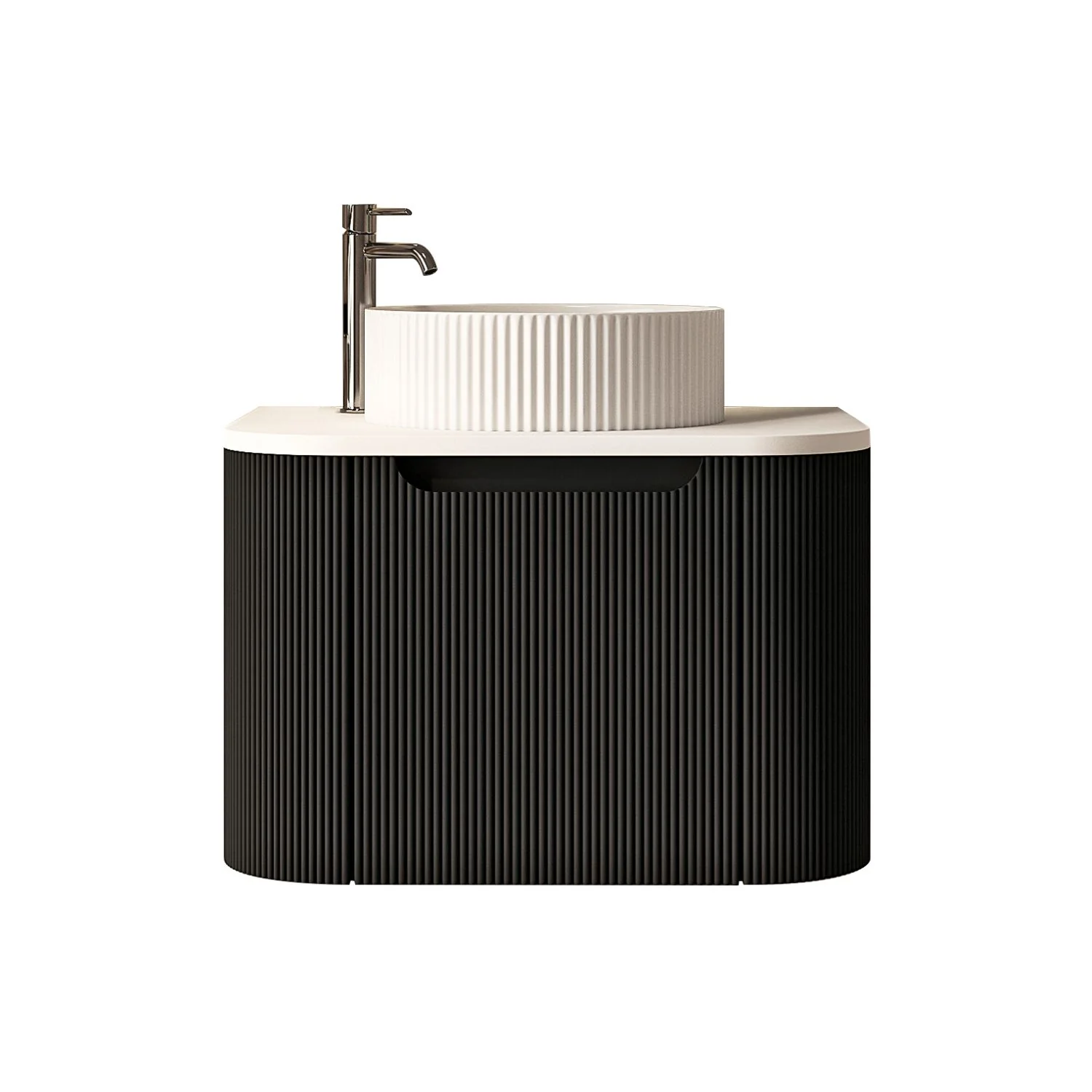 [50778] 600x460x400mm Rome Matt Black Round Edge Grooved Wall Hung MDF Vanity With White Quartz Stone Top One Door