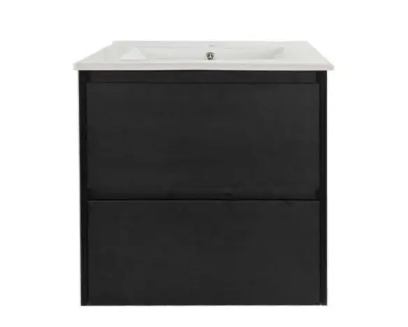[50735] 600x460x560mm Hera Black Oak Wall Hung MDF Vanity With Ceramic TOP Two Soft Closing Drawers