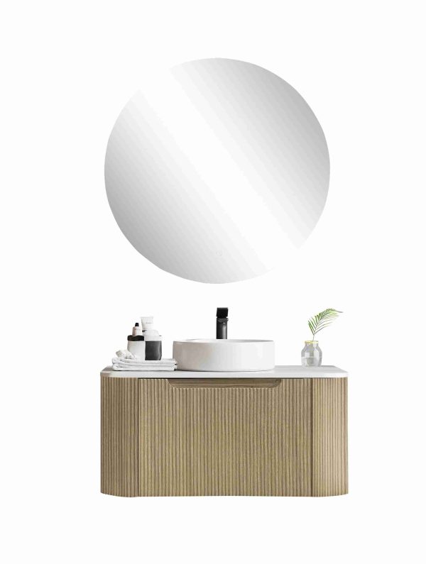 [50422] 700*460*400mm Bur Oak Round Edge Grooved Wall Hung Vanity Cabinet Only Soft Closed Single Drawer