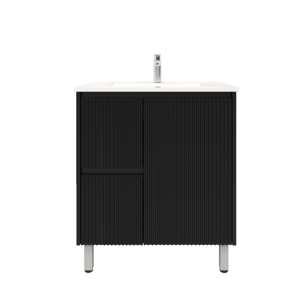 [92092/PVCKB74LL-MB] 750mm Brio Freestanding Bathroom Vanity Cabinet Only PVC Left Drawer Fluted Matte Black