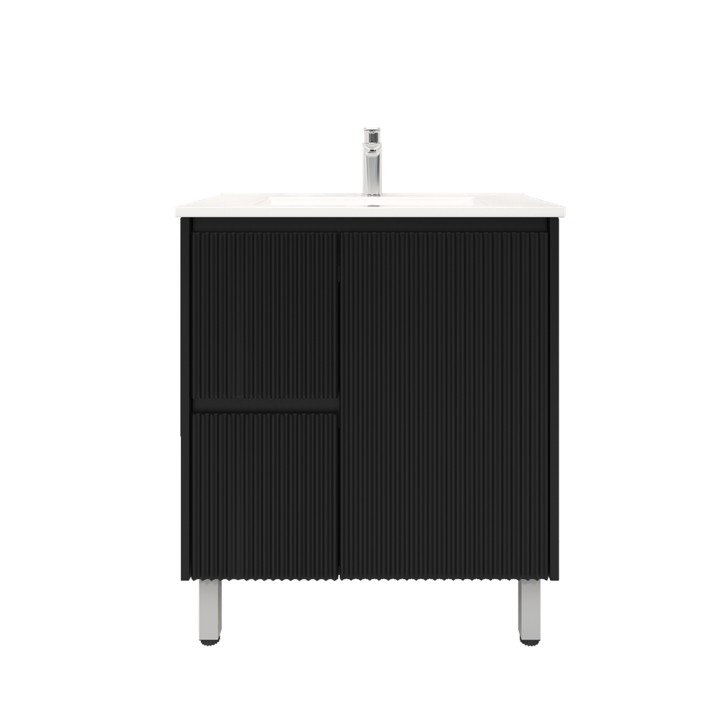[92092/PVCKB74LL-MB] 750mm Brio Freestanding Bathroom Vanity Cabinet with Legs PVC Left Drawer Fluted Matte Black