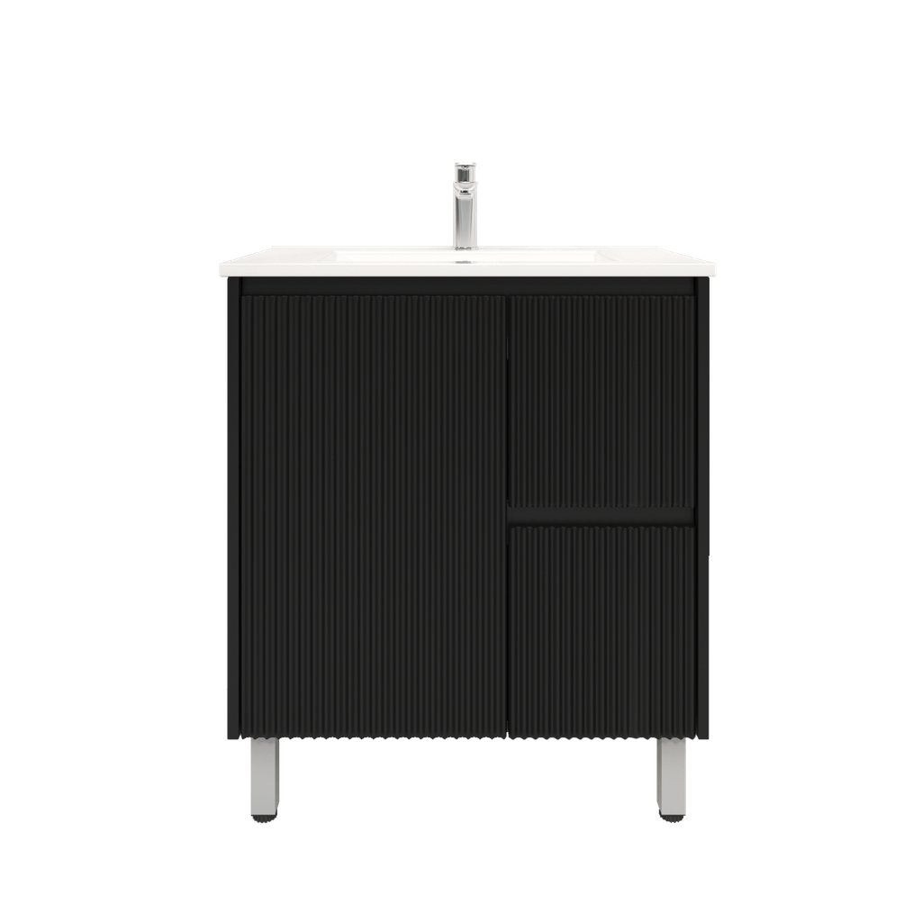 [92093/PVCKB74LR-MB] 750mm Brio Freestanding Bathroom Vanity Cabinet Only PVC Right Drawer Fluted Matte Black