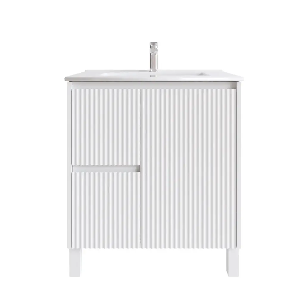 [92104/N-PVCKB74LL-MW] 750mm Freestanding Bathroom Vanity Cabinet with Legs PVC Left Drawer Fluted Matte White