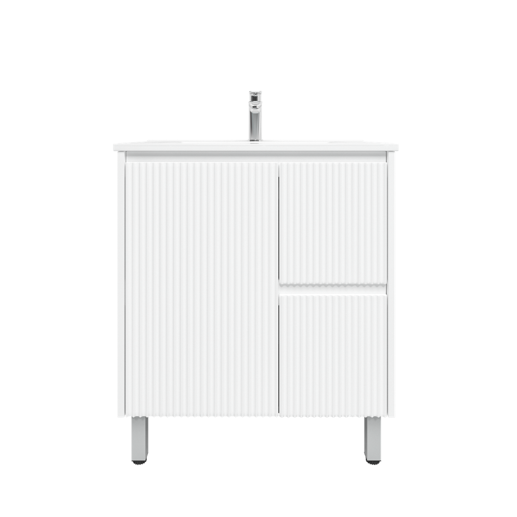 [92086/PVCKB74LR-MW] 750mm Brio Freestanding Bathroom Vanity Cabinet Only PVC Right Drawer Fluted Matte White