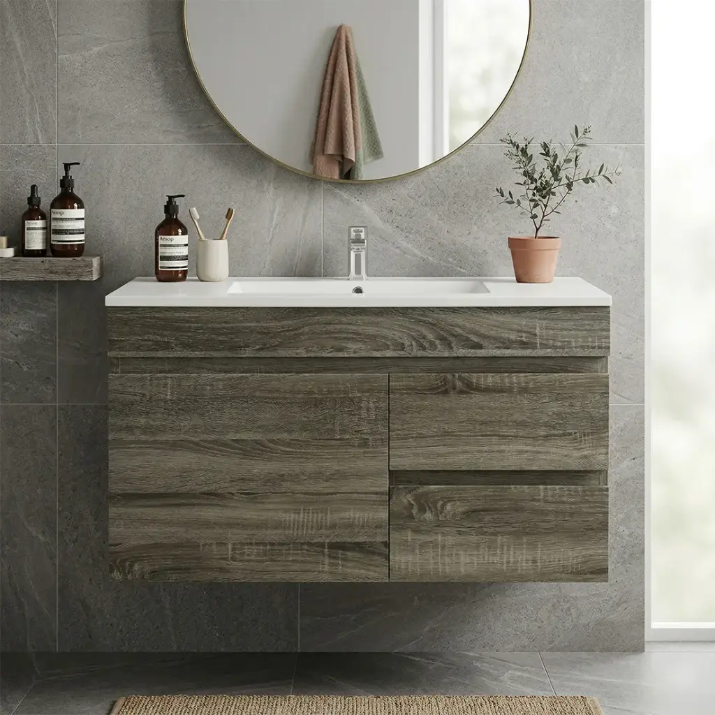 [93154/B73RW-DG] 750mm Slim Dark Grey MDF Wall Hung Bathroom Vanity Cabinet Only RightDrawer PVC Vacuum Filmed