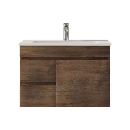 [93159/B73LW-DO] 750mm Slim Dark Oak MDF Wall Hung Bathroom Vanity Cabinet Left Drawer PVC Vacuum Filmed