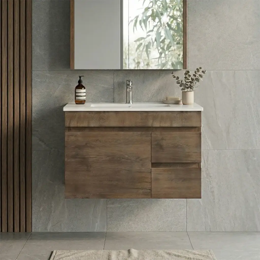 [93155/B73RW-DO] 750mm Slim Dark Oak MDF Wall Hung Bathroom Vanity Cabinet Only RightDrawer PVC Vacuum Filmed