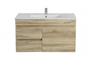 750mm Slim White Oak MDF Wall Hung Bathroom Vanity Cabinet Only Left Drawer PVC Vacuum Filmed