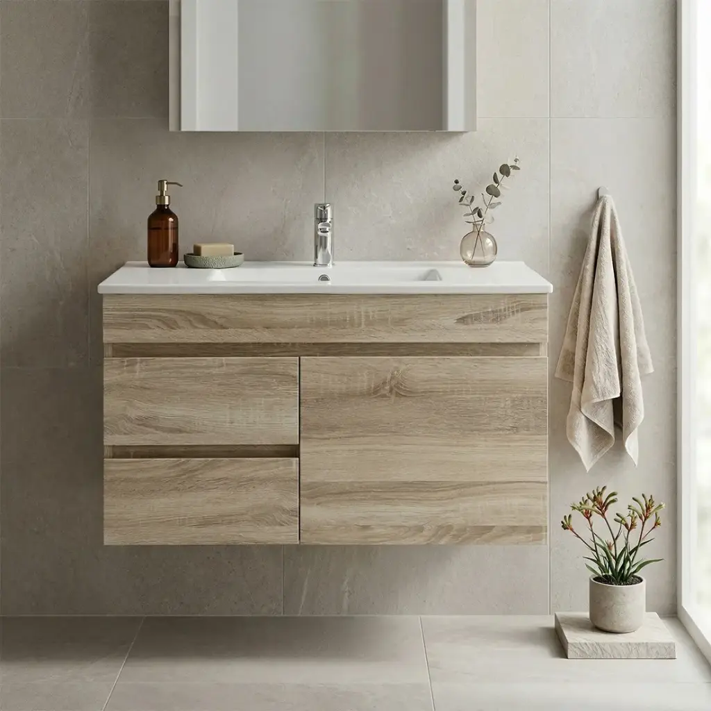 [93157/B73LW-WO] 750mm Slim White Oak MDF Wall Hung Bathroom Vanity Cabinet Only Left Drawer PVC Vacuum Filmed