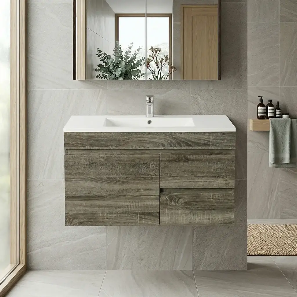 [93146/B74RW-DG] 750mm Dark Grey MDF Wall Hung Bathroom Vanity Cabinet Only Right Drawer PVC Vacuum Filmed