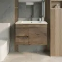 750mm Dark Oak MDF Wall Hung Bathroom Vanity Cabinet Only Right Drawer PVC Vacuum Filmed