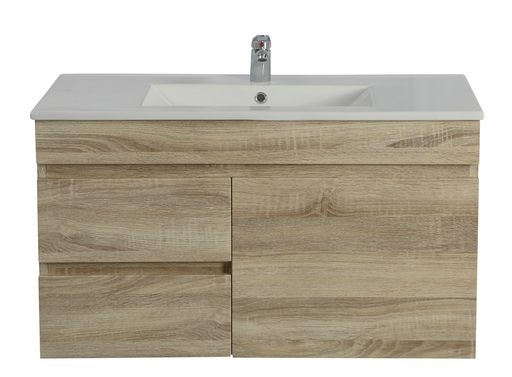 [93149/B74LW-WO] 750mm White Oak MDF Wall Hung Bathroom Vanity Cabinet Left Drawer PVC Vacuum Filmed
