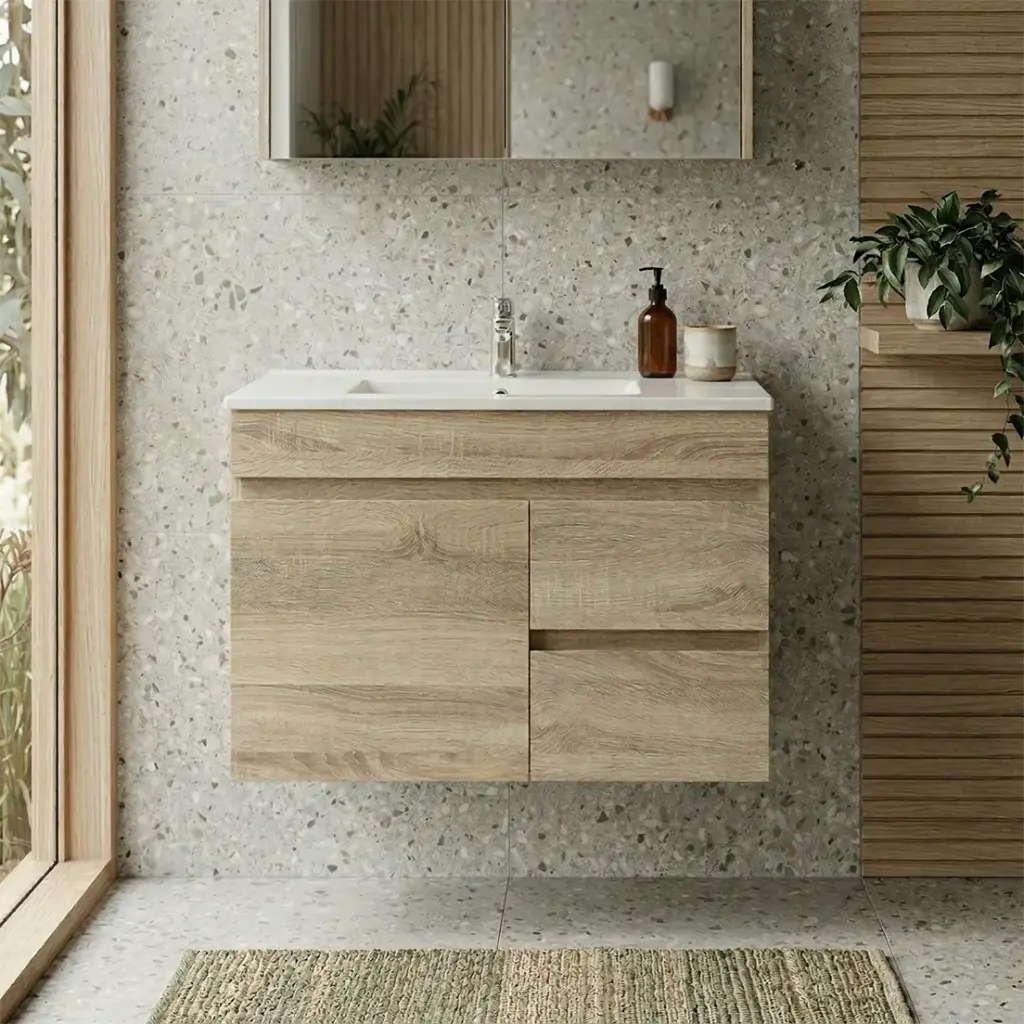 [93145/B74RW-WO] 750mm White Oak MDF Wall Hung Bathroom Vanity Cabinet Only Right Drawer PVC Vacuum Filmed