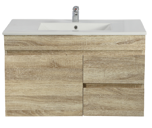 [93145/B74RW-WO] 750mm White Oak MDF Wall Hung Bathroom Vanity Cabinet Right Drawer PVC Vacuum Filmed
