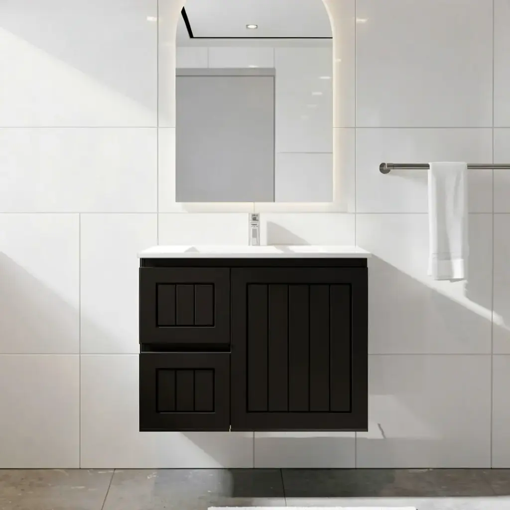 [91091/AM74WL-MB] 750mm Amber Matte Black MDF 2 Left Drawers 1 Right Door Wall Hung Bathroom Vanity Cabinet Only