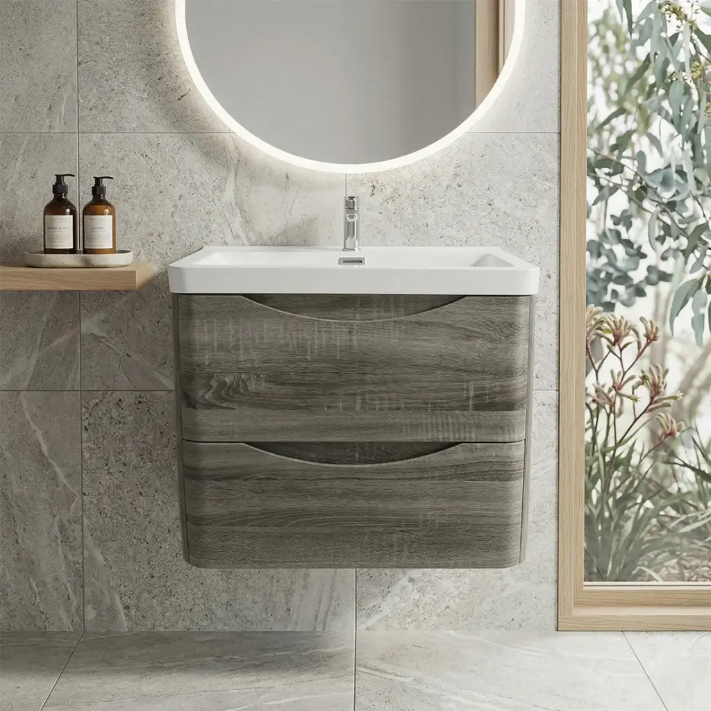 [94006/TAW75DG] 750mm Dark Grey MDF Board with PVC Vacuum Filmed Two Drawers Curved Wall Hung Vanity Cabinet Only