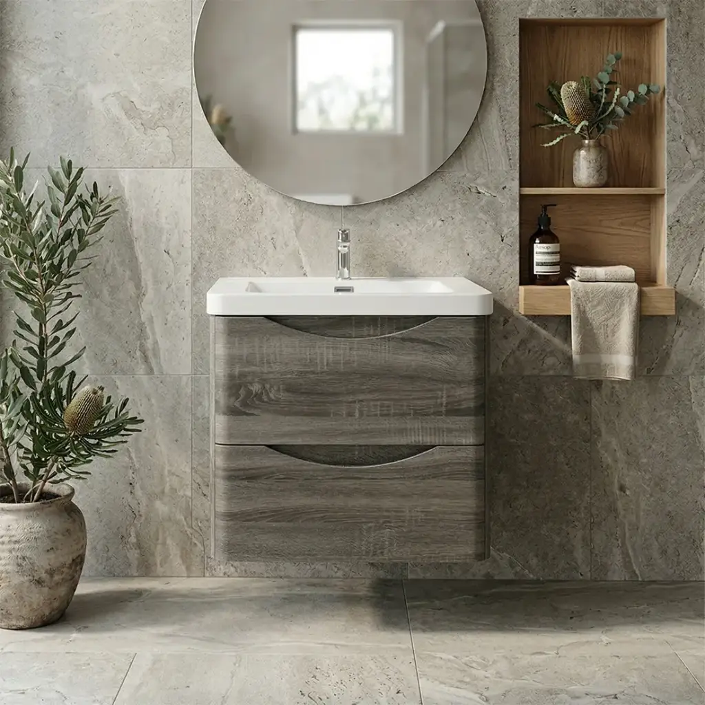 [93238/OW750DG] 750mm Dark Grey MDF Board with PVC Vacuum Filmed Two Drawers Curved Wall Hung Vanity Cabinet Only