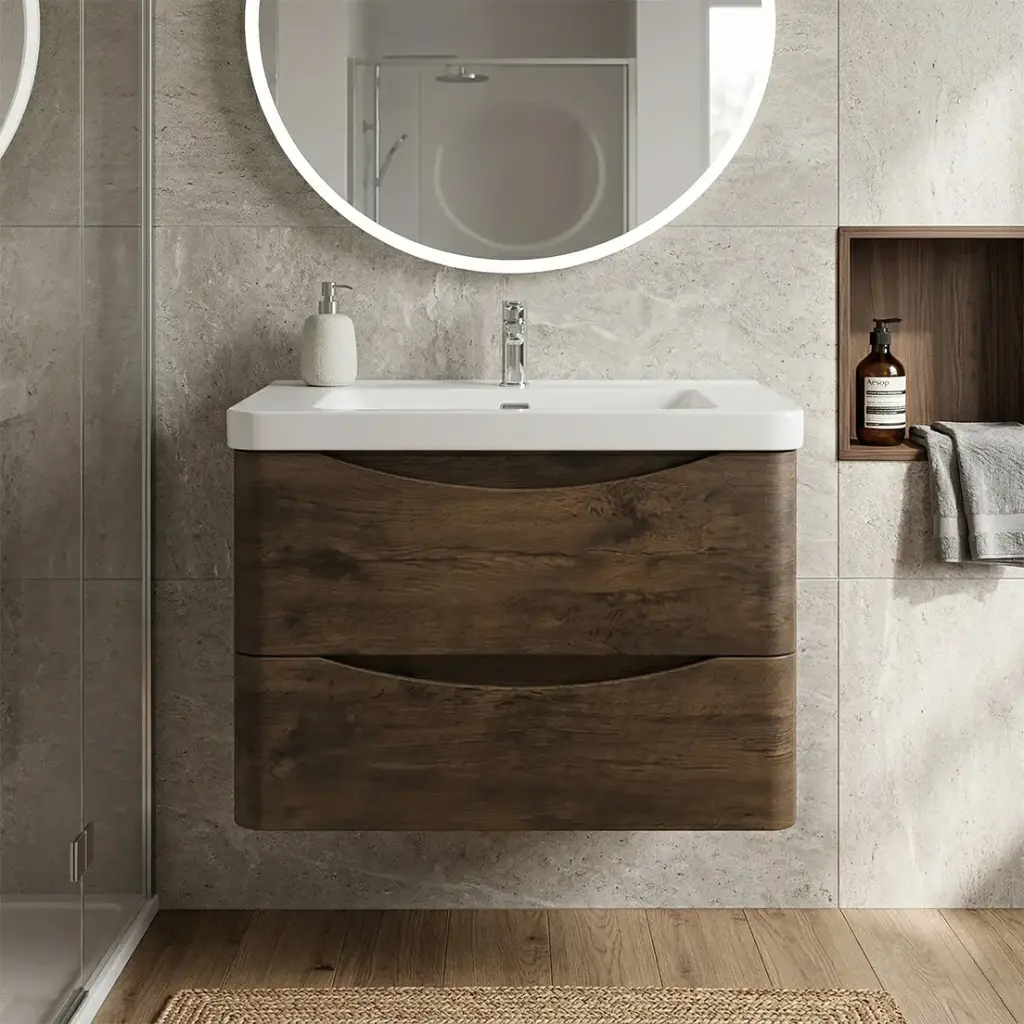 [93239/OW750DO] 750mm Dark Oak MDF Board with PVC Vacuum Filmed Two Drawers Curved Wall Hung Vanity Cabinet Only