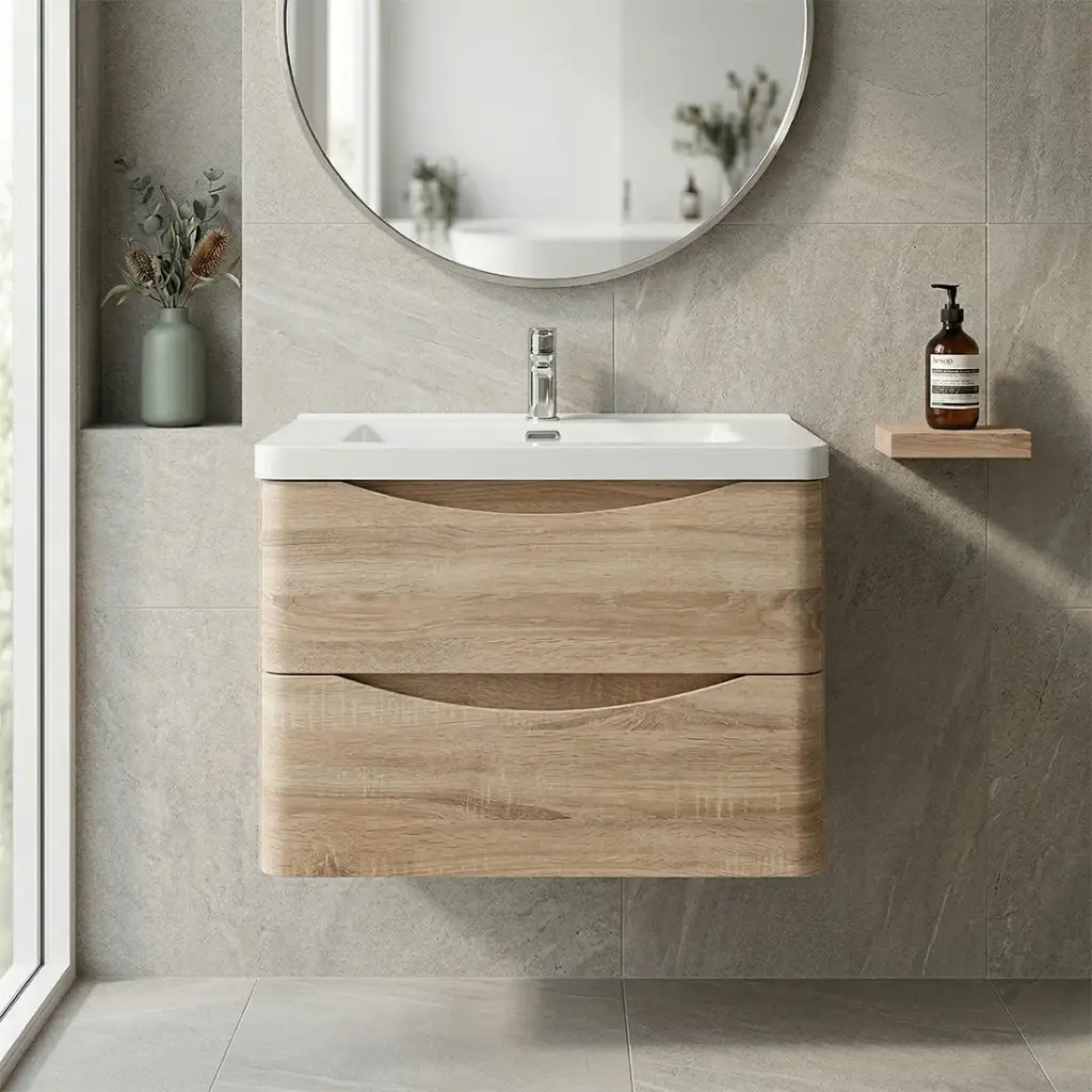 [93237/OW750WO] 750mm White Oak MDF Board with PVC Vacuum Filmed Two Drawers Curved Wall Hung Vanity Cabinet Only