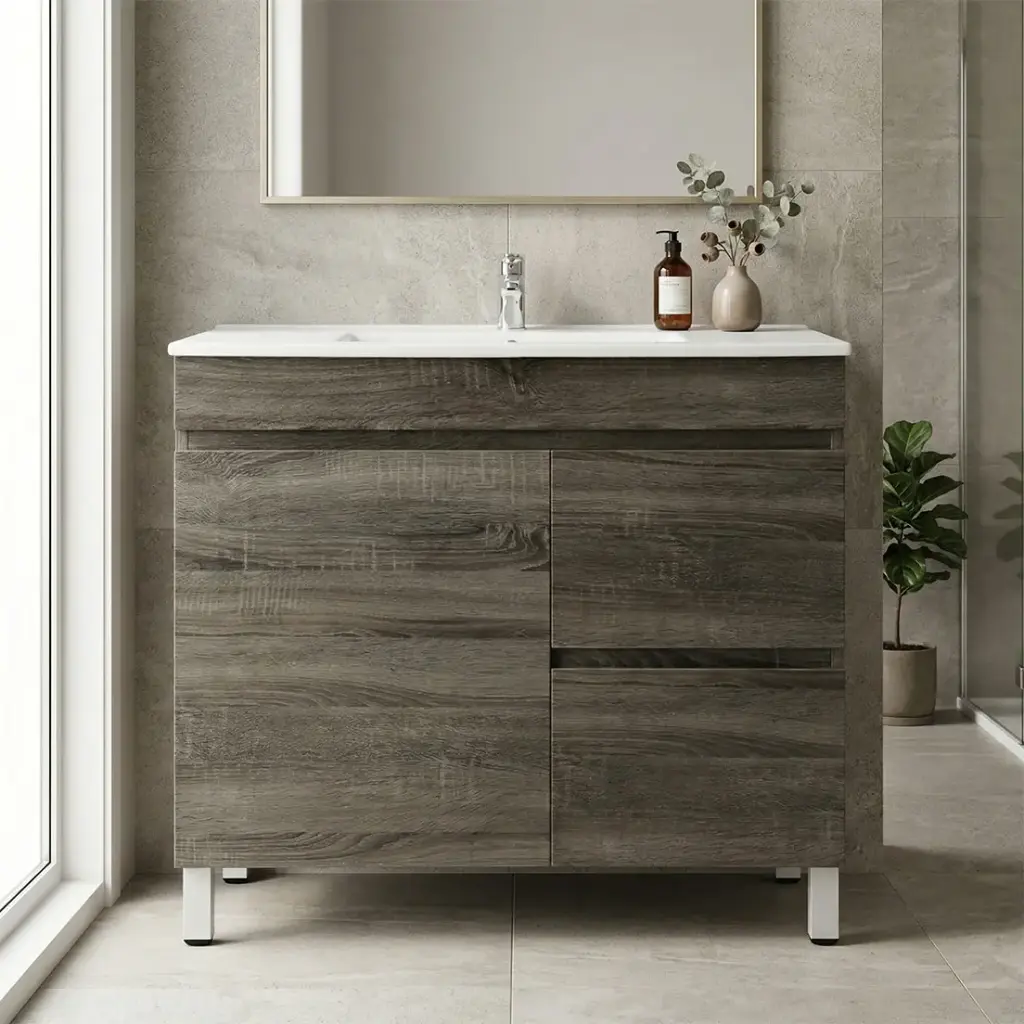 [93114/B73RL-DG] 750mm Slim Dark Grey MDF Freestanding Bathroom Vanity Cabinet Only Right Drawer PVC Vacuum Filmed