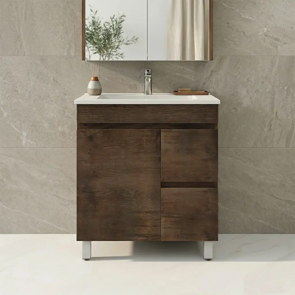 [93115/B73RL-DO] 750mm Slim Dark Oak MDF Freestanding Bathroom Vanity Cabinet Only Right Drawer PVC Vacuum Filmed