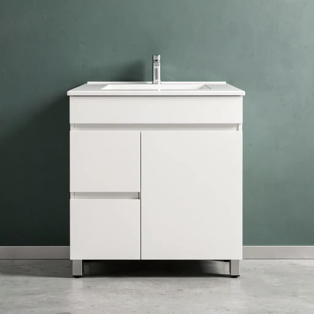 [91008/M73LL] 750mm Narrow Gloss White MDF 2 Left Drawers 1 Right Door Freestanding Bathroom Vanity Cabinet Only