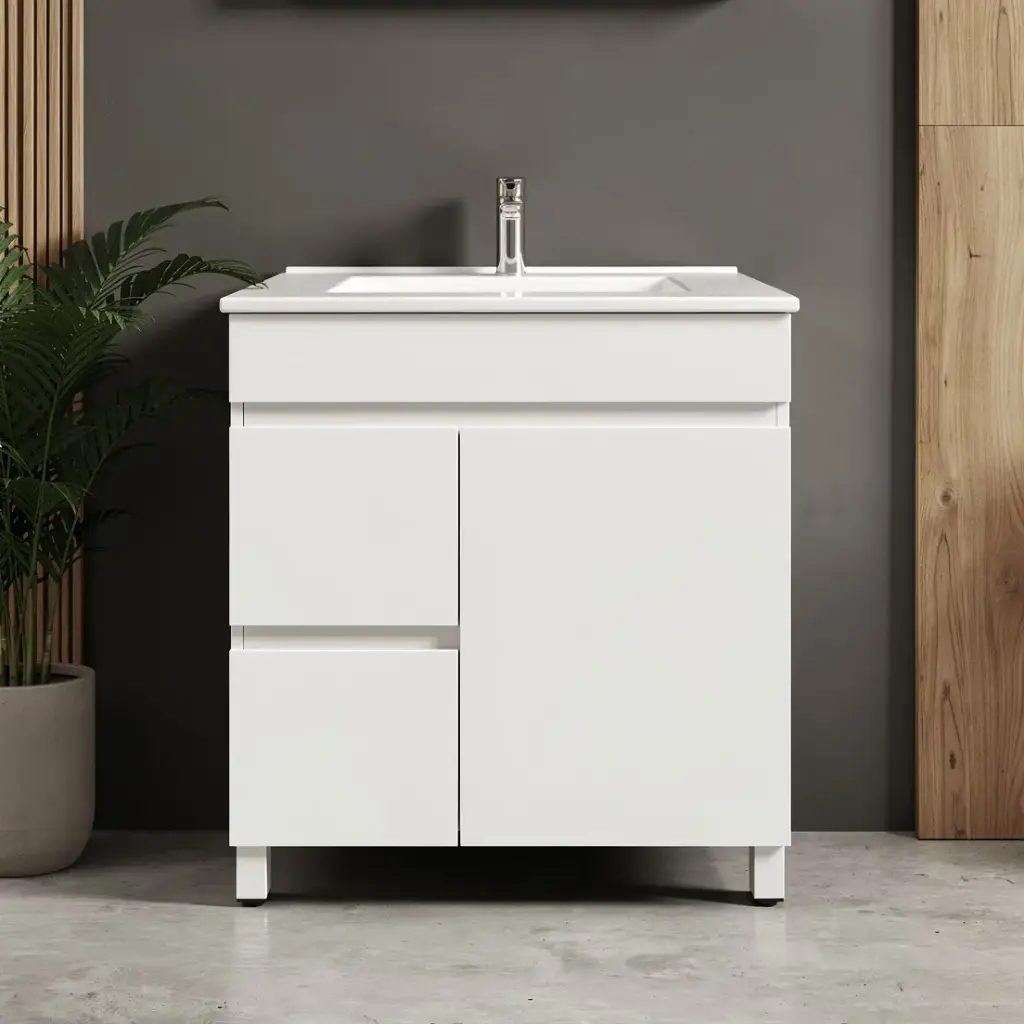 750mm Gloss White MDF 2 Left Drawers 1 Right Door Freestanding Bathroom Vanity Cabinet Only