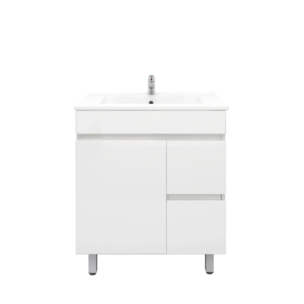[92011/PVC74LR] 750mm Freestanding Bathroom Vanity Cabinet Only PVC Right Drawer Gloss White