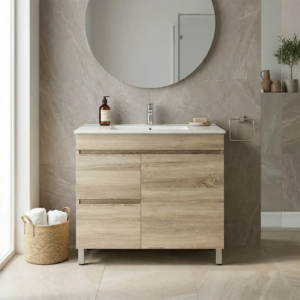 [93109/B74LL-WO] 750mm White Oak MDF Freestanding Bathroom Vanity Cabinet Only Left Drawer PVC Vacuum Filmed