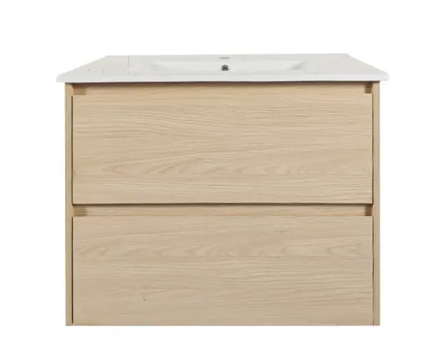 [50738] 750x460x560mm Hera Tas Oak Wall Hung MDF Vanity With Single Bowl Ceramic TOP Two Soft Closing Drawers