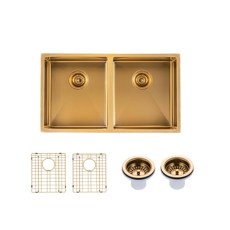 [41498] 820x457x230mm Brushed Brass Stainless Steel PVD Double Bowl Kitchen Sink