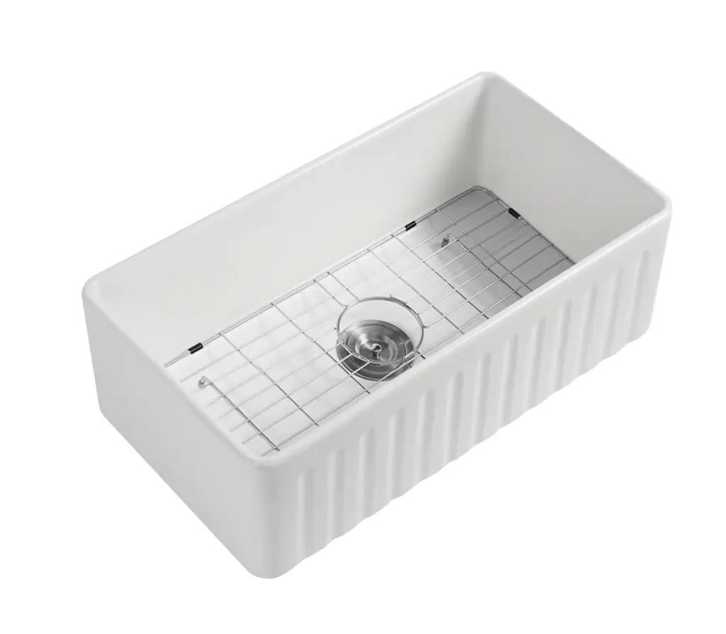 [90197/KS8345GW] 835x459x254mm Gloss White Fireclay Farmhouse/Apron Single Sink with Bottom Grid & Basket Waste Included