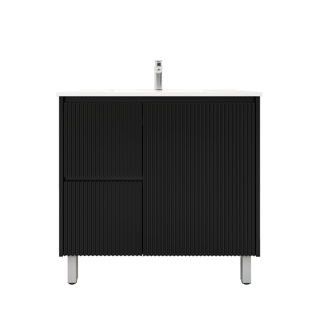 [92094/PVCKB94LL-MB] 900mm Brio Freestanding Bathroom Vanity Cabinet Only PVC Left Drawer Fluted Matte Black