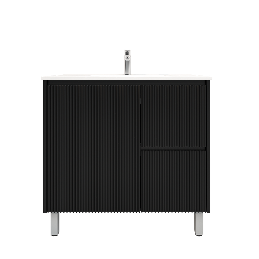 [92095/PVCKB94LR-MB] 900mm Brio Freestanding Bathroom Vanity Cabinet Only PVC Right Drawer Fluted Matte Black