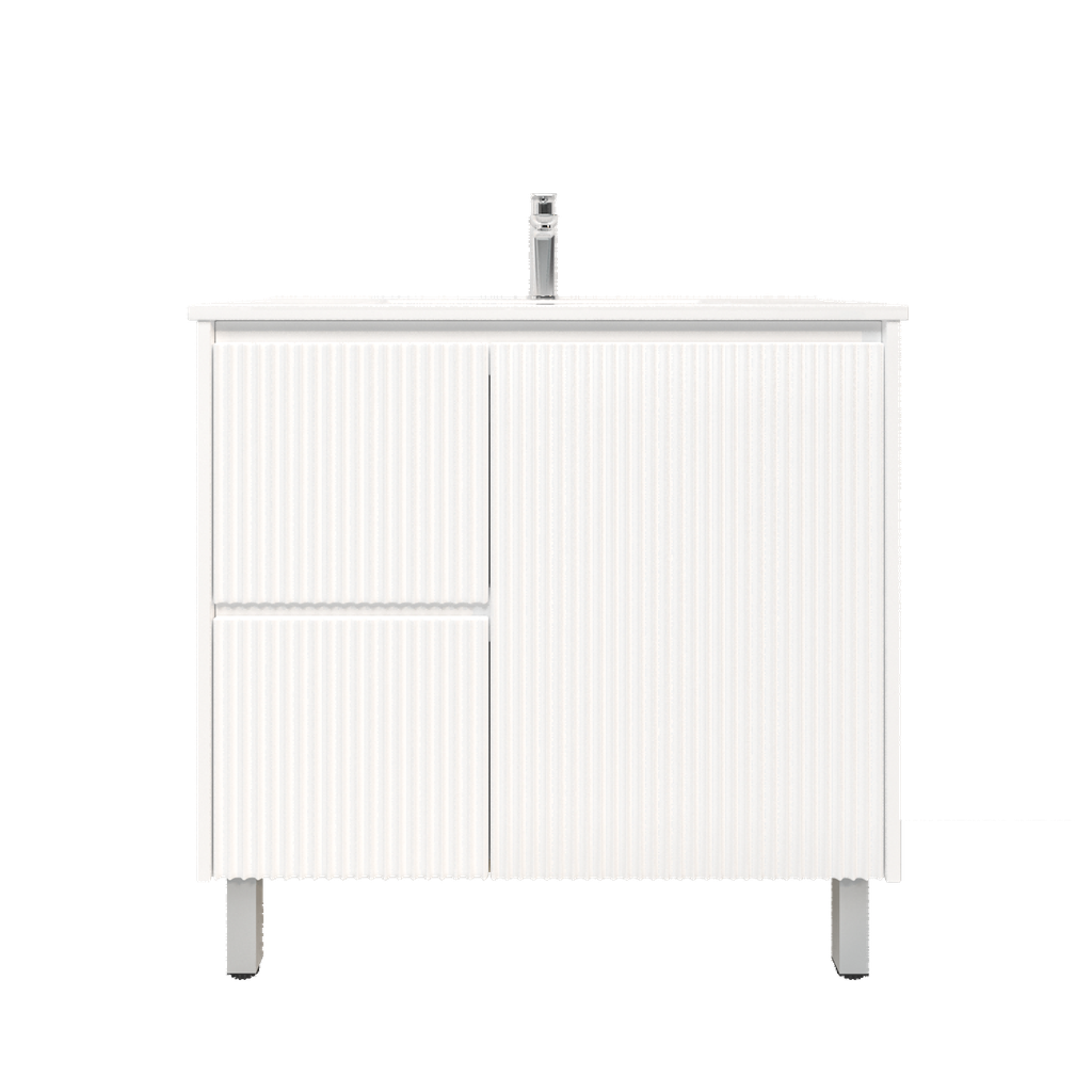 [92087/PVCKB94LL-MW] 900mm Brio Freestanding Bathroom Vanity Cabinet Only PVC Left Drawer Fluted Matte White