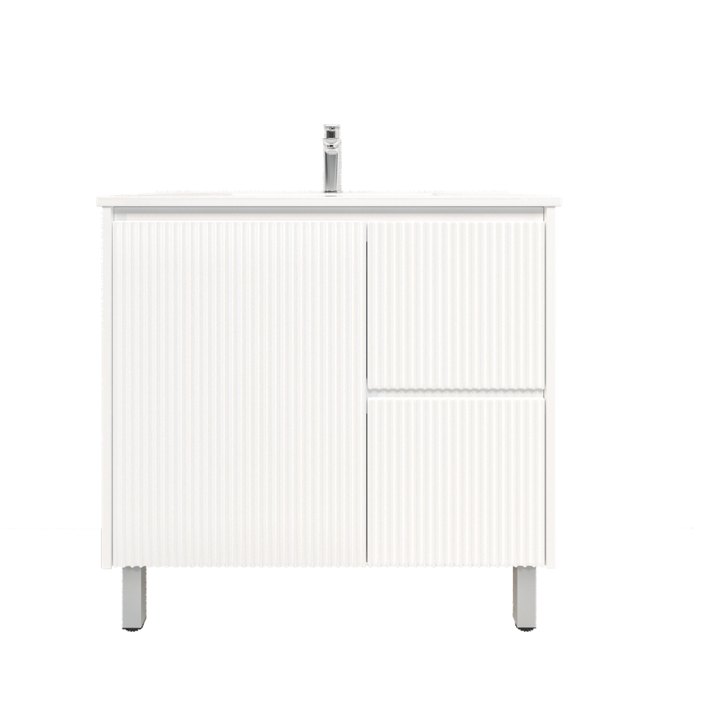 900mm Brio Freestanding Bathroom Vanity Cabinet Only PVC Right Drawer Fluted Matte White
