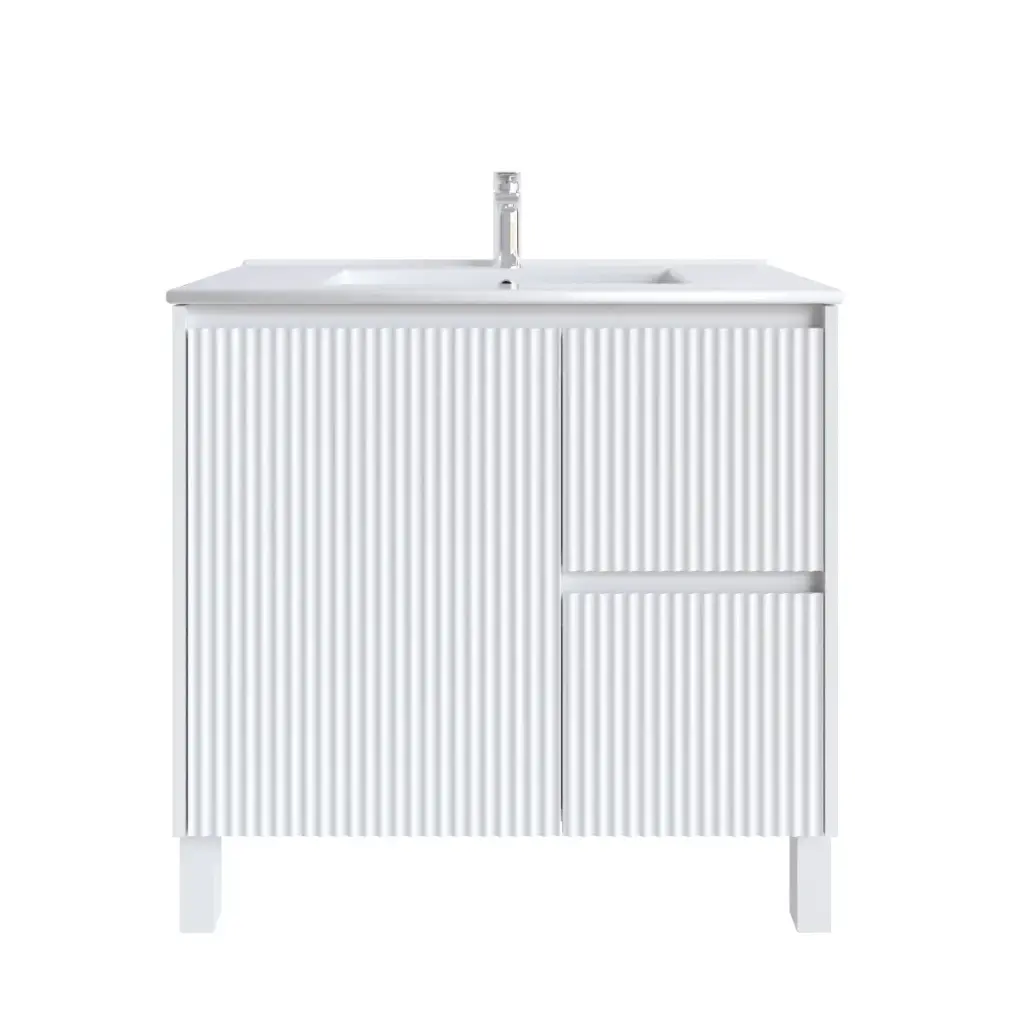 [92106/N-PVCKB94LR-MW] 900mm Freestanding Bathroom Vanity Cabinet Only PVC Right Drawer Fluted Matte White