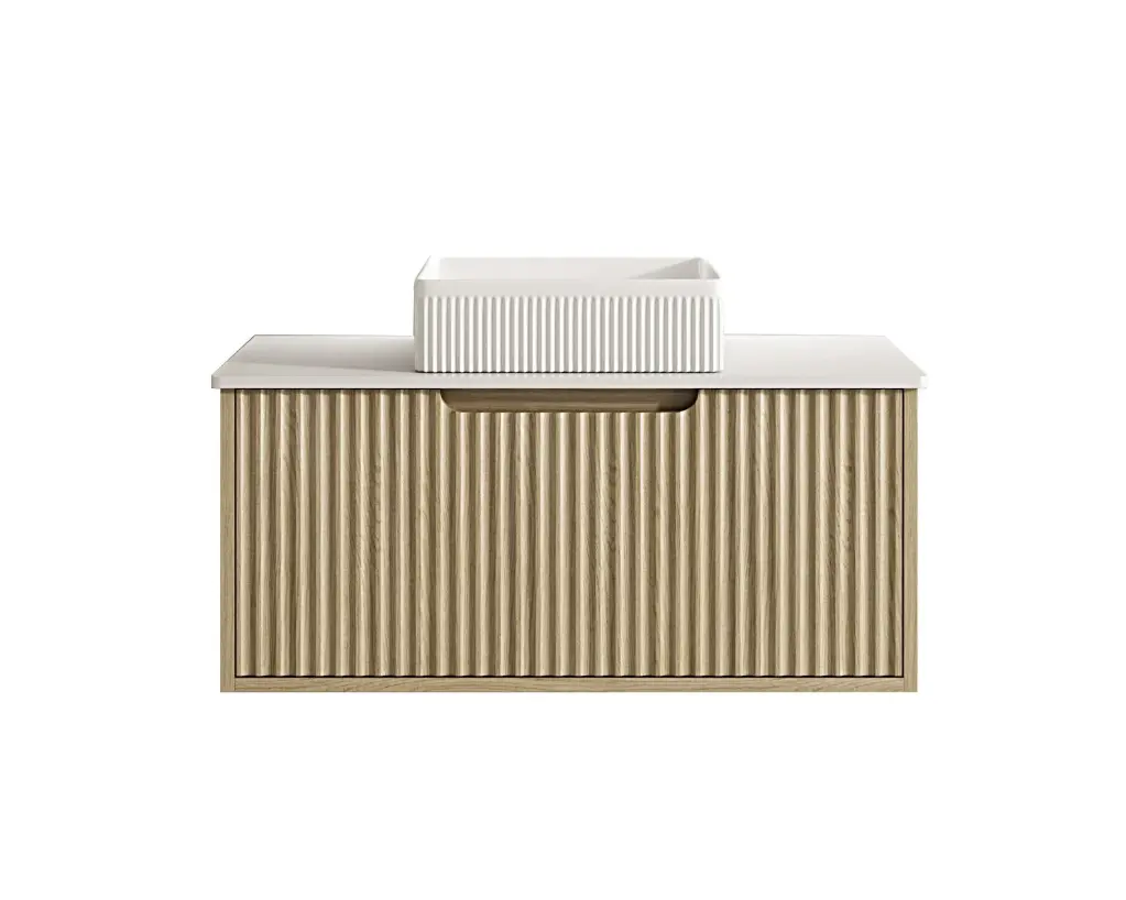 [50570] 890x455x390 Natural Oak Premium Straight Edge Wall Hung vanity With Carrara Stone Top