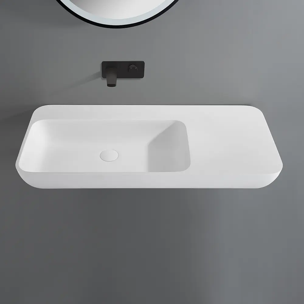 [55410] 900*400*120mm Matt White Rocca Solid Surface Stone Wall Hung Basin With Semi Drill Tap Hole None Overflow 32mm Waste