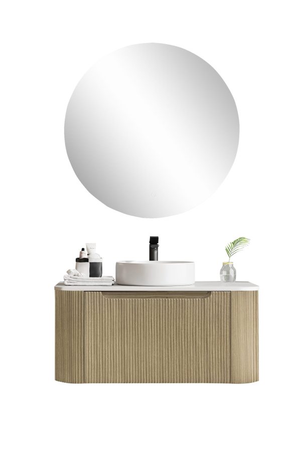 900*460*400mm Bur Oak Round Edge Grooved Wall Hung Vanity Cabinet Only Soft Closed Single Drawer