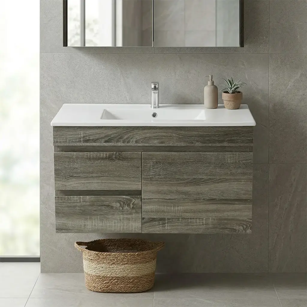 [93166/B94LW-DG] 900mm Dark Grey MDF Wall Hung Bathroom Vanity Cabinet Only Right Drawer PVC Vacuum Filmed