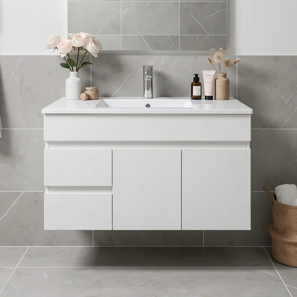 900Lx500Hx450Dmm Gloss White 2PAC MDF 2L/DW 2R/DR Wall Hung Vanity