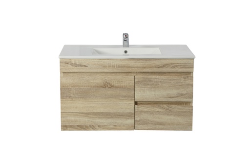 [93161/B94RW-WO] 900mm White Oak MDF Wall Hung Bathroom Vanity Cabinet Only Left Drawer PVC Vacuum Filmed