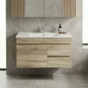 900mm White Oak MDF Wall Hung Bathroom Vanity Cabinet Only Left Drawer PVC Vacuum Filmed
