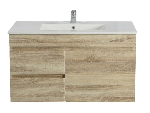 [93165/B94LW-WO] 900mm White Oak MDF Wall Hung Bathroom Vanity Cabinet Only Right Drawer PVC Vacuum Filmed