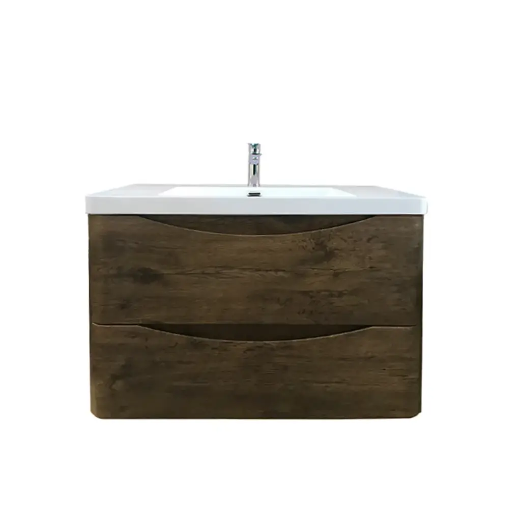 [93243/OW900DO] 900mm Dark Oak MDF Board with PVC Vacuum Filmed Two Drawers Curved Wall Hung Vanity Cabinet Only